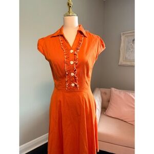 Anni Coco Orange Fit Flare Button Front Ruffle Heart Button DressM vintage style